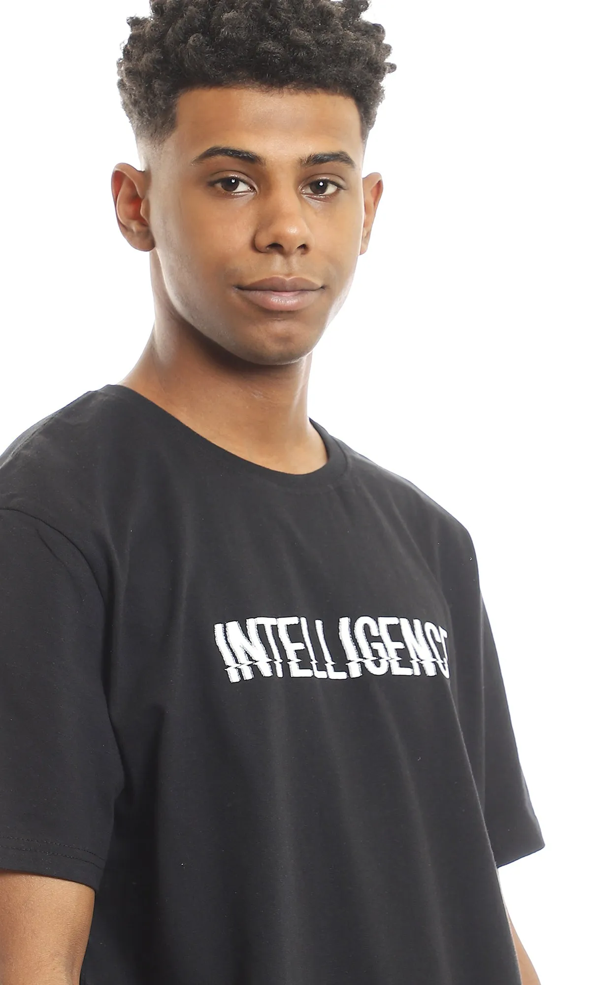97739 Chest Print "Intelligence" Black Slip On Tee