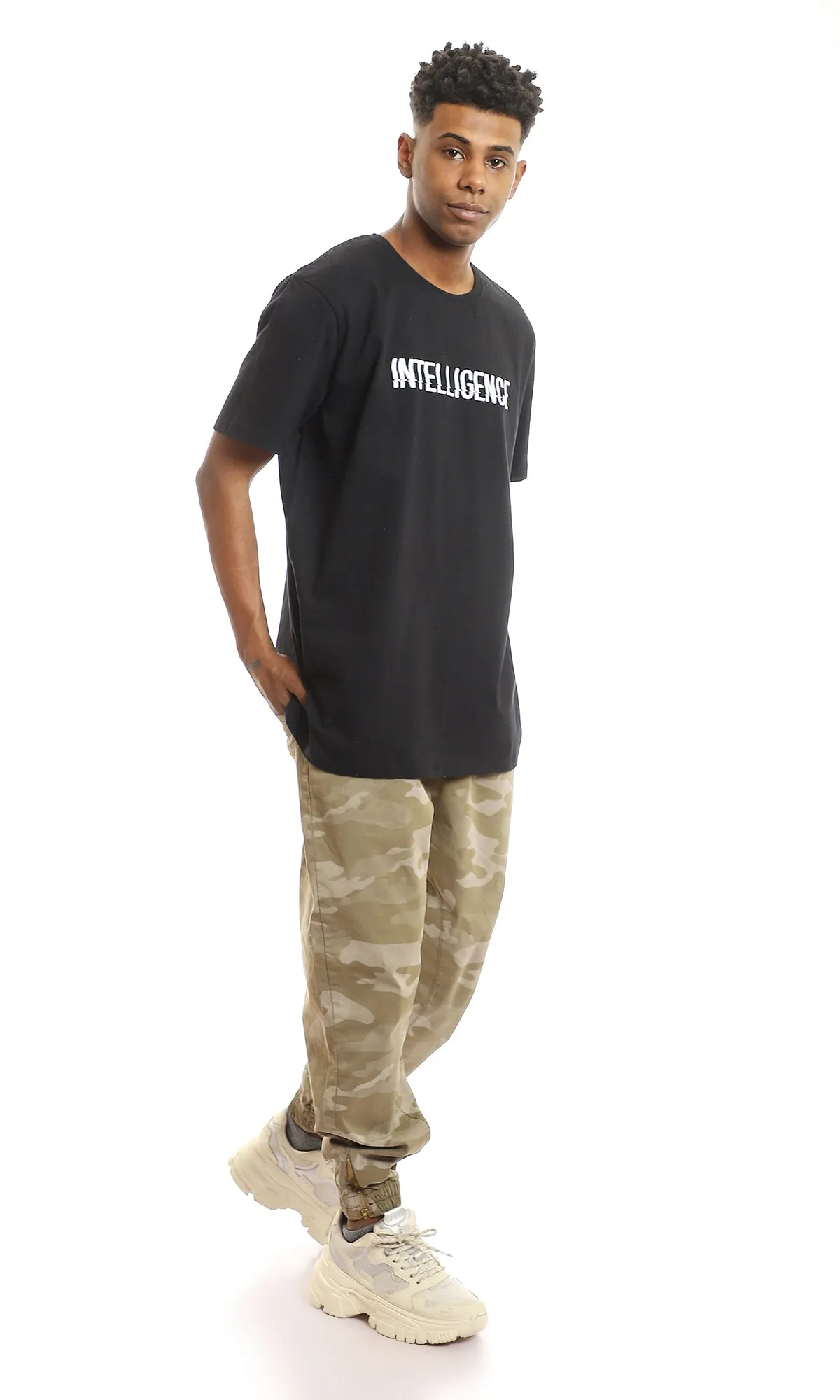 97739 Chest Print "Intelligence" Black Slip On Tee