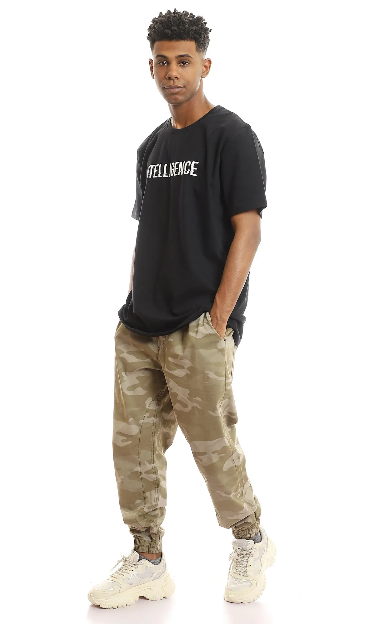 97739 Chest Print "Intelligence" Black Slip On Tee