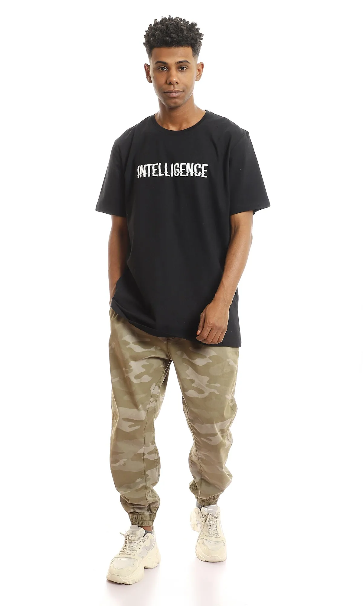 97739 Chest Print "Intelligence" Black Slip On Tee