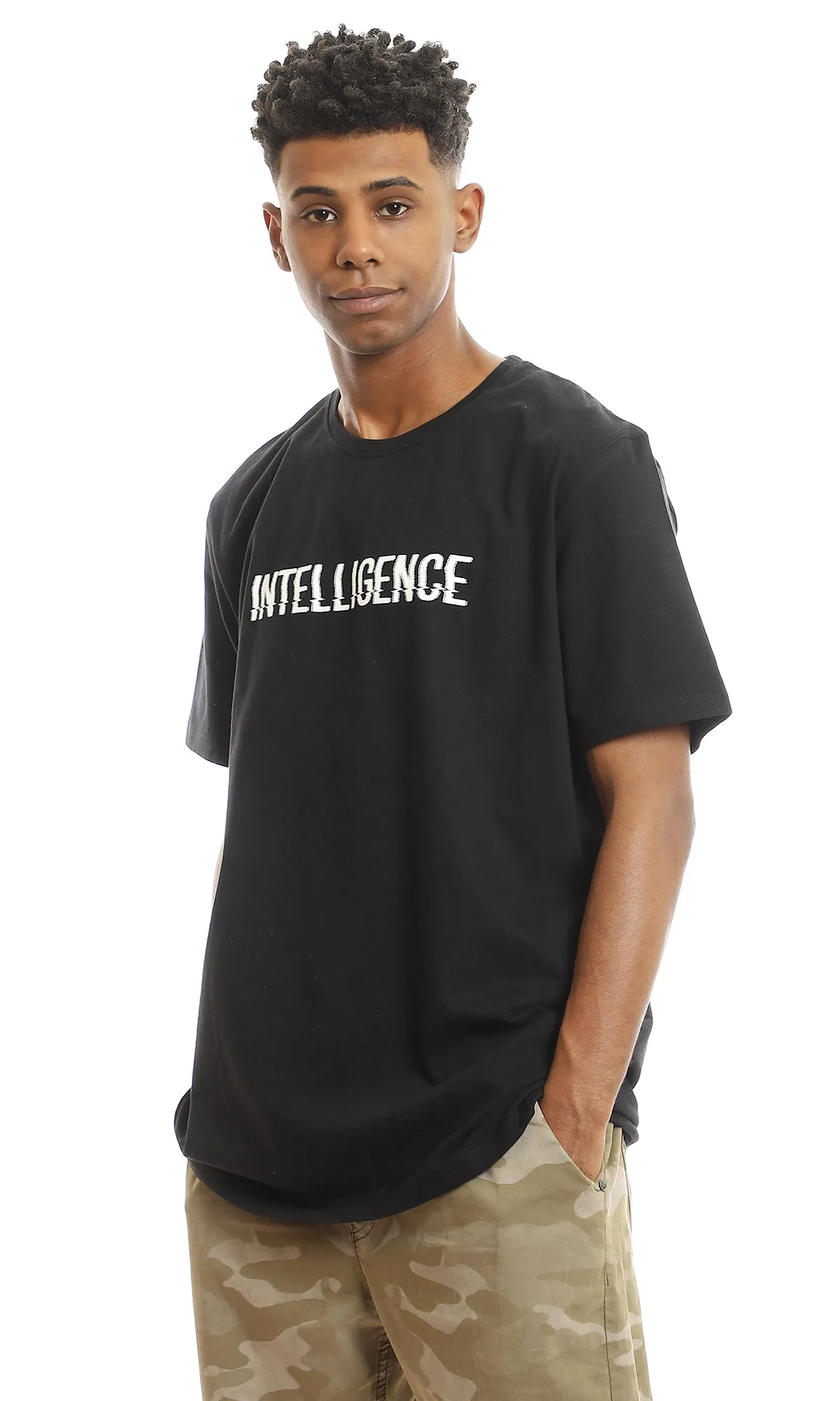 97739 Chest Print "Intelligence" Black Slip On Tee