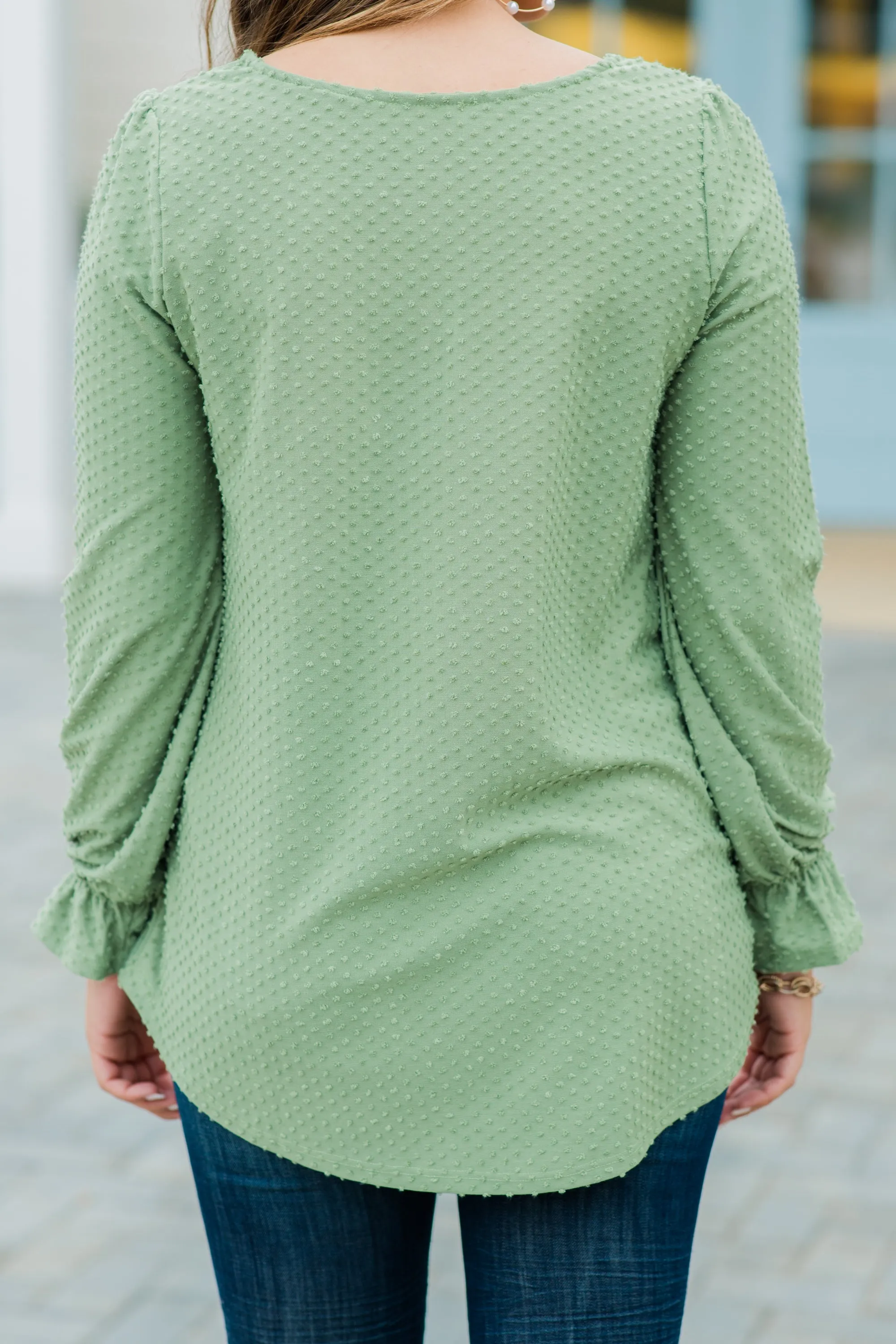 All Figured Out Sage Green Swiss Dot Blouse