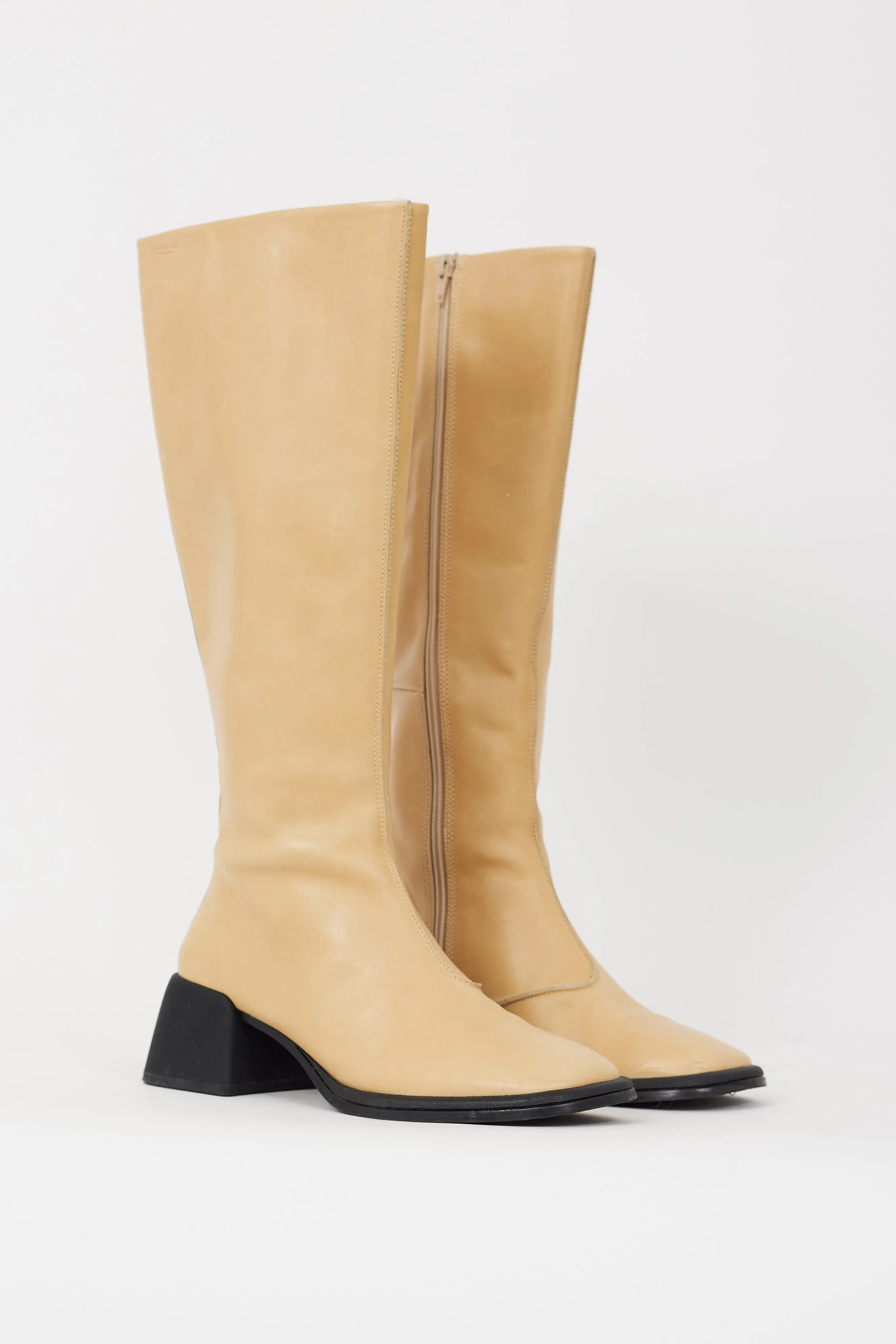 Beige Leather Knee High Zipped Boot