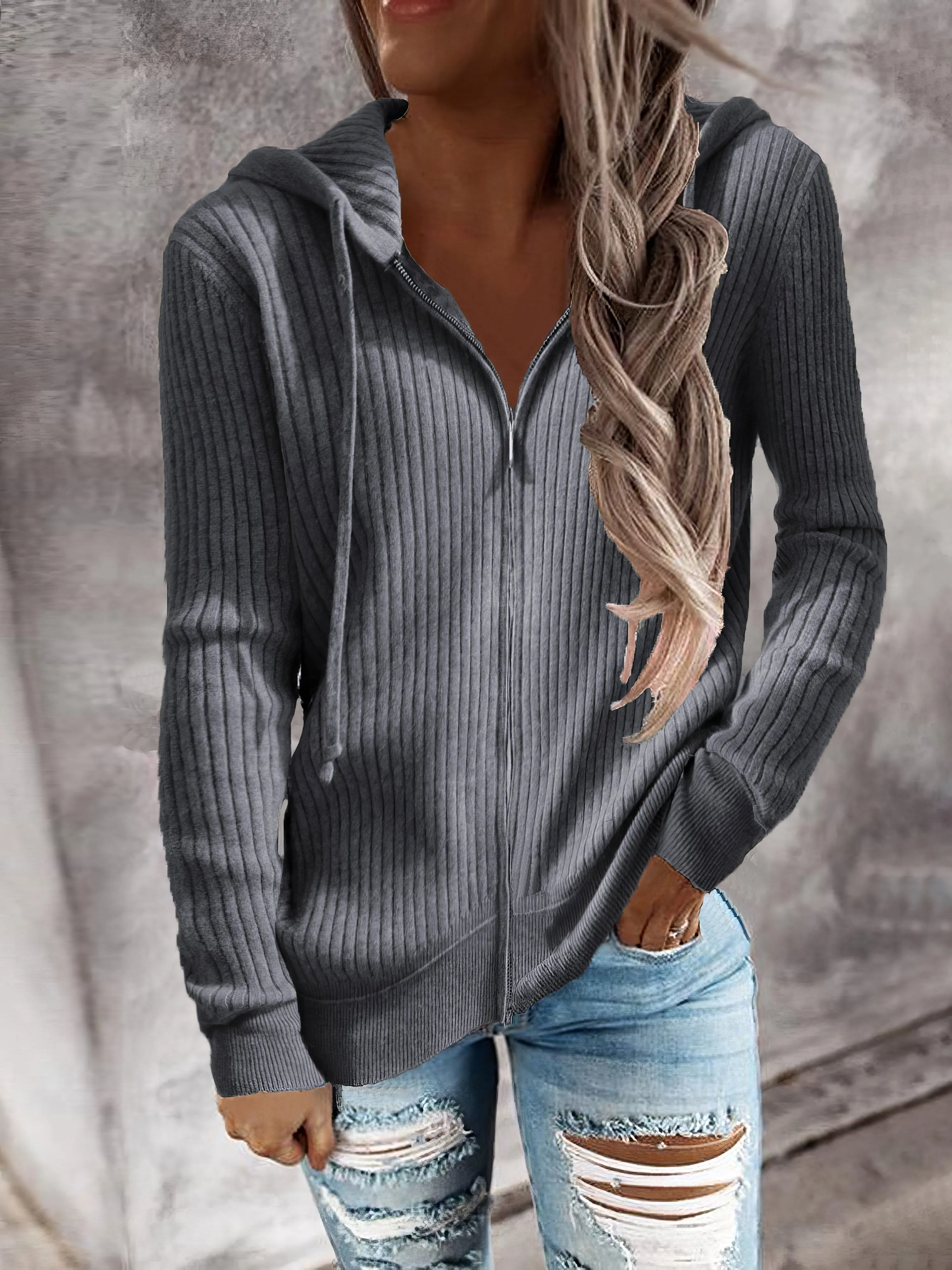 Chicmy-European and American casual women's clothing Casual Zip Cardigan Long Sleeve Knit Hoodie - Shirt - Drop Shoulder - V-Neck - Closed - Jewel