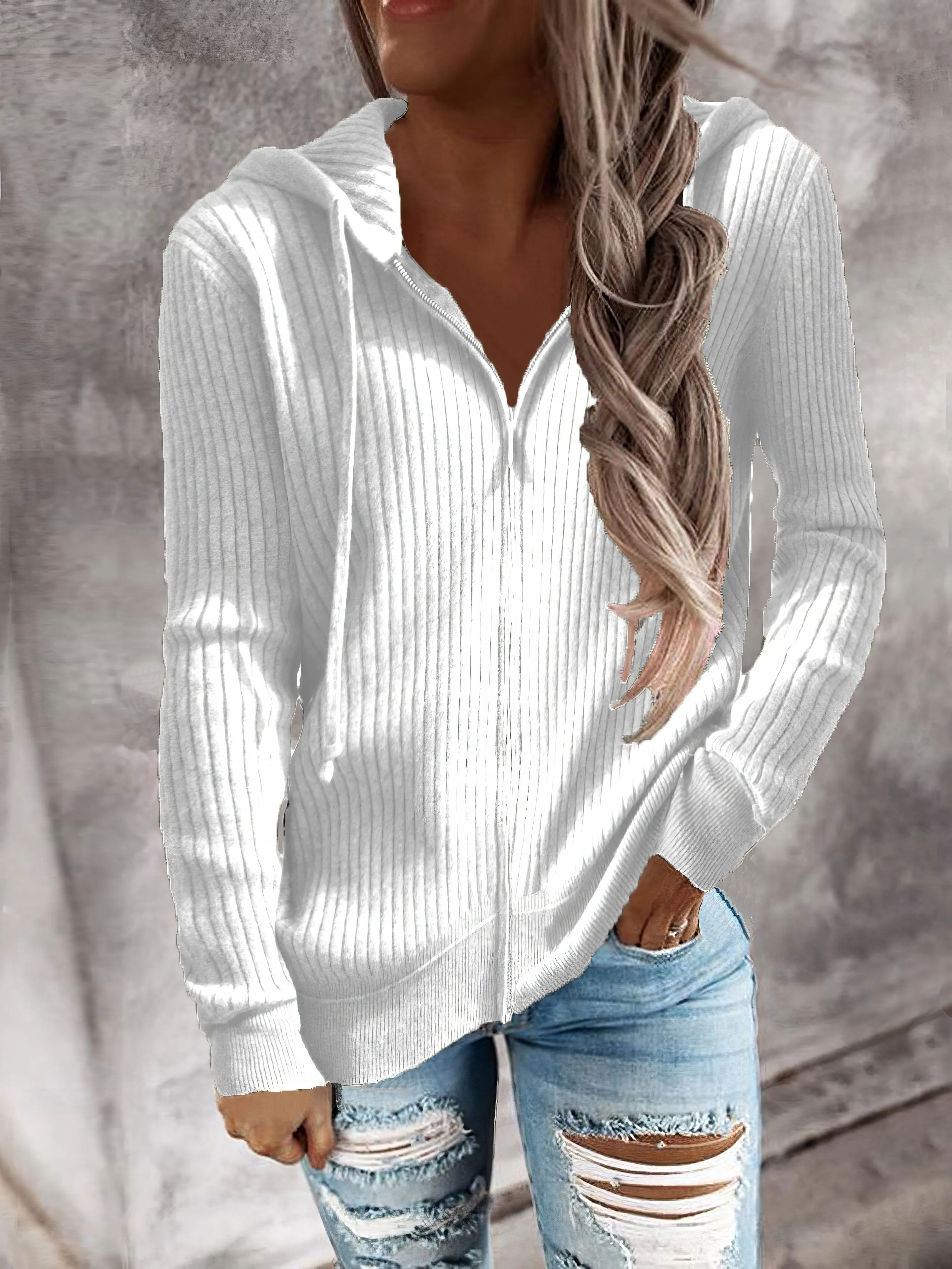 Chicmy-European and American casual women's clothing Casual Zip Cardigan Long Sleeve Knit Hoodie - Shirt - Drop Shoulder - V-Neck - Closed - Jewel