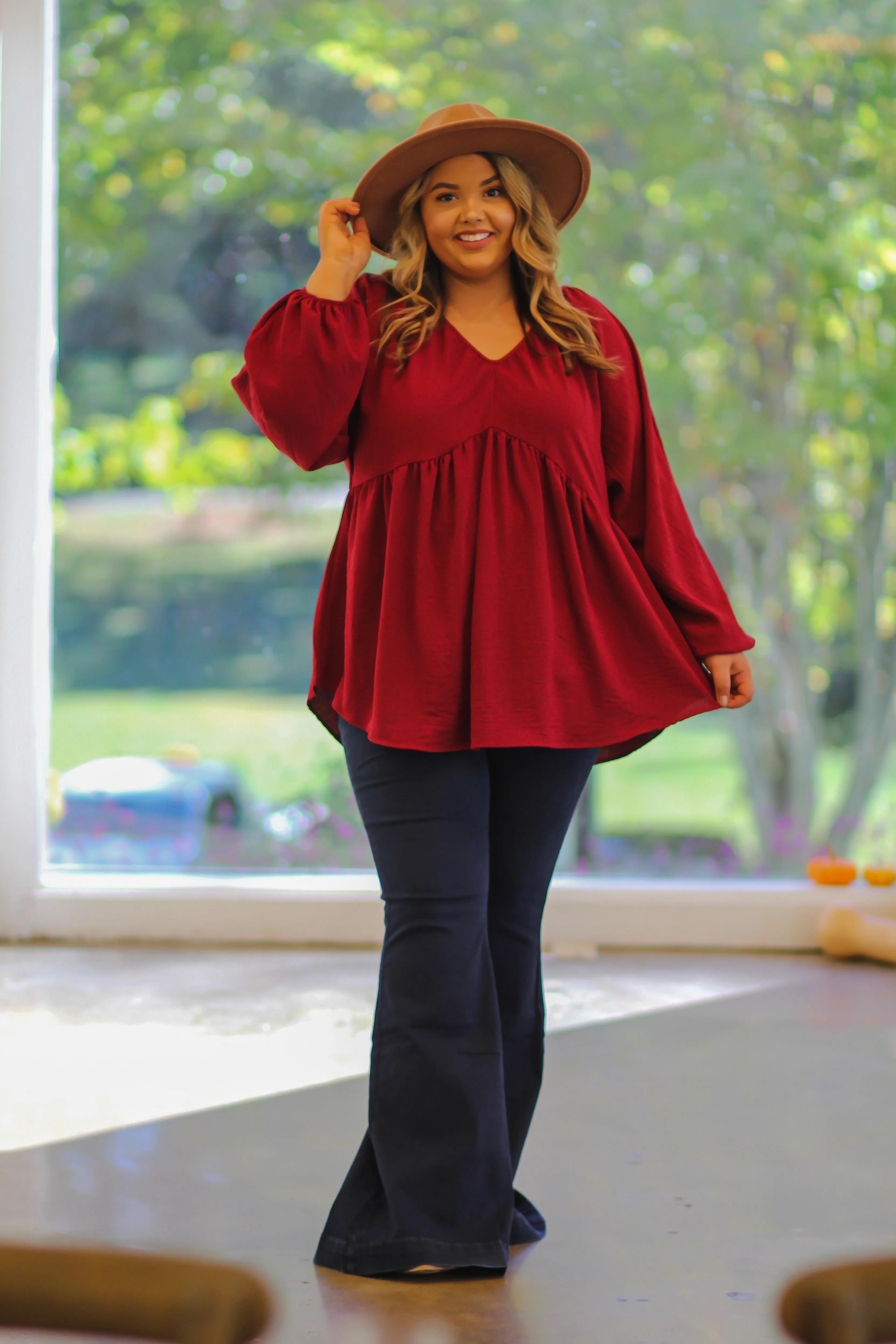 Curvy Wine Woven Babydoll Top