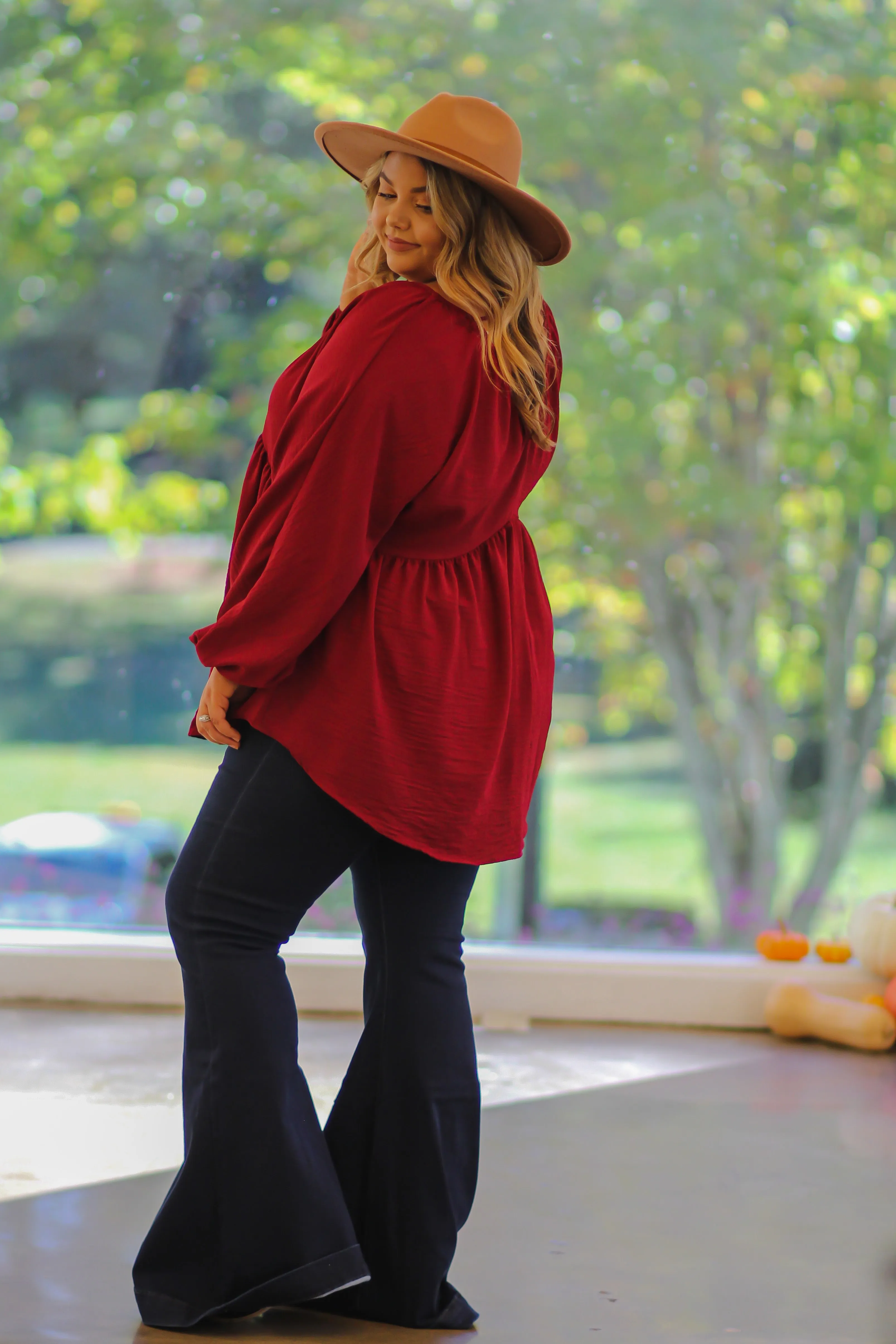 Curvy Wine Woven Babydoll Top