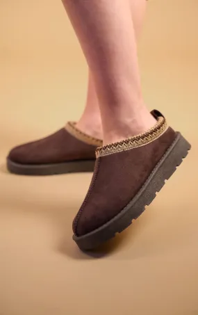 Ella Faux Suede Embroidered Fur Lined Slipper Boots - Chocolate Brown