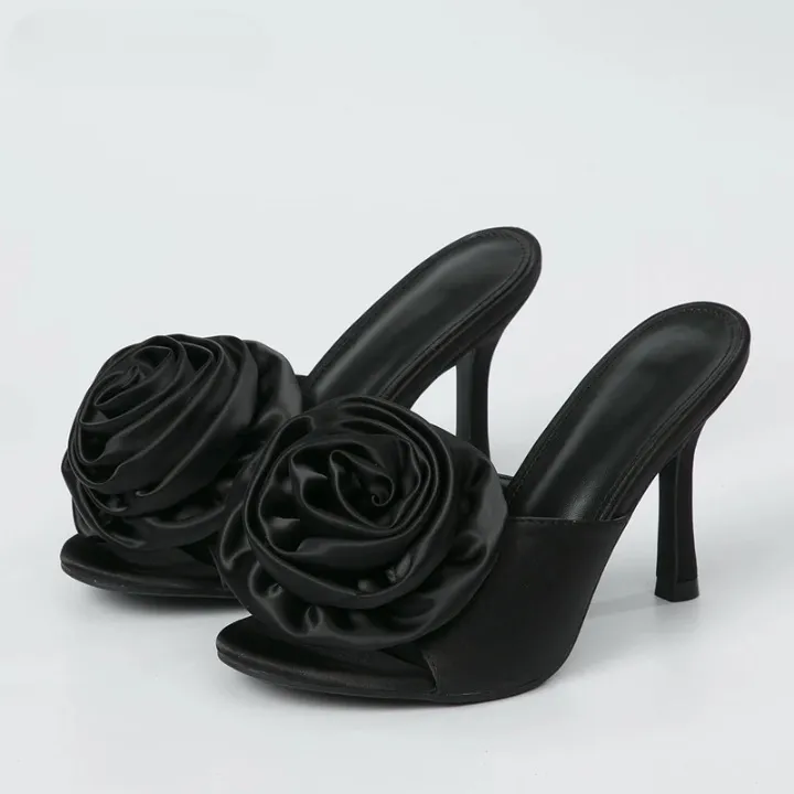 Eloise Silk Rosette Peep Toe Mule Sandals 