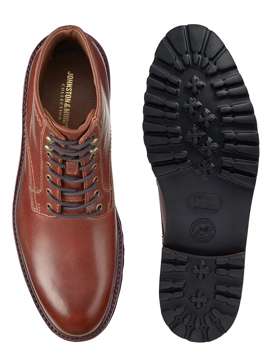 J & M Collection Dudley Lug Plain Toe Boot in Mahogany Full Grain