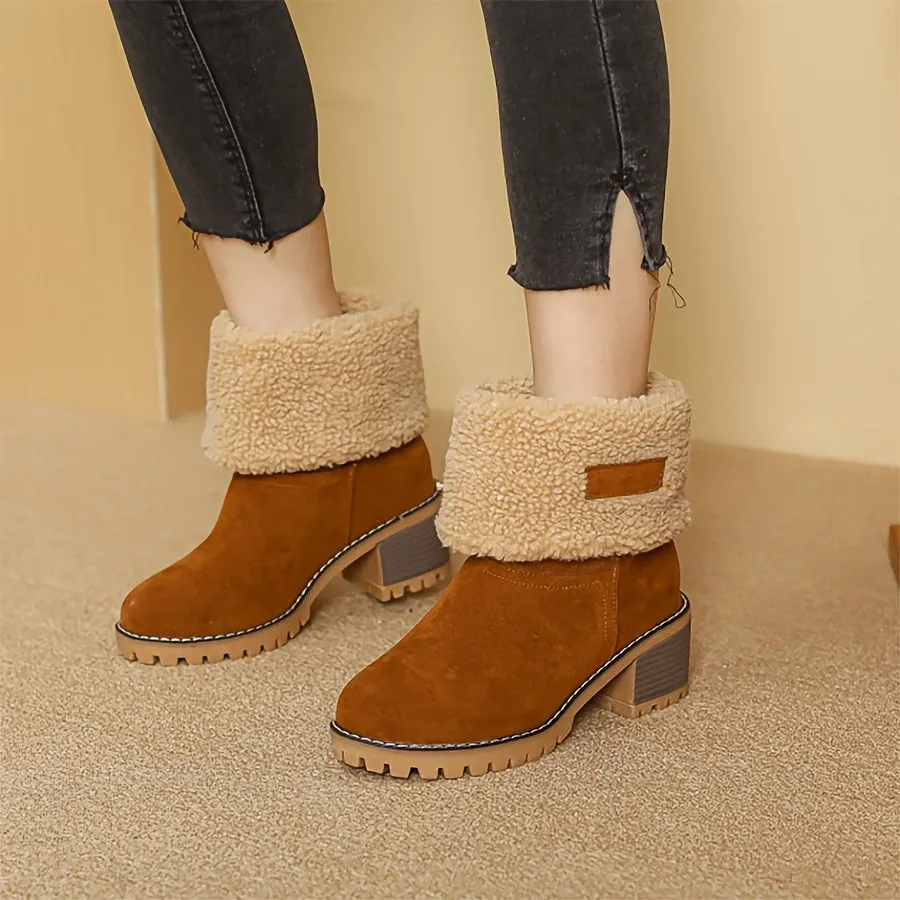 Women's Warm Faux Fur Lined Boots, Slip On Block Heeled Ankle Boots, Women's Footwear